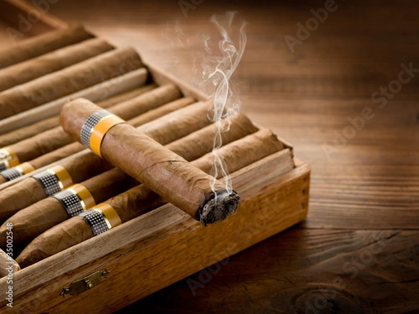 Obraz smoking cuban cigar over box  on wood background