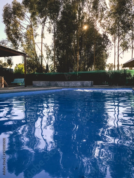 Obraz Sunrise, sun and trees over the water of a big and blue pool between the nature with reflections