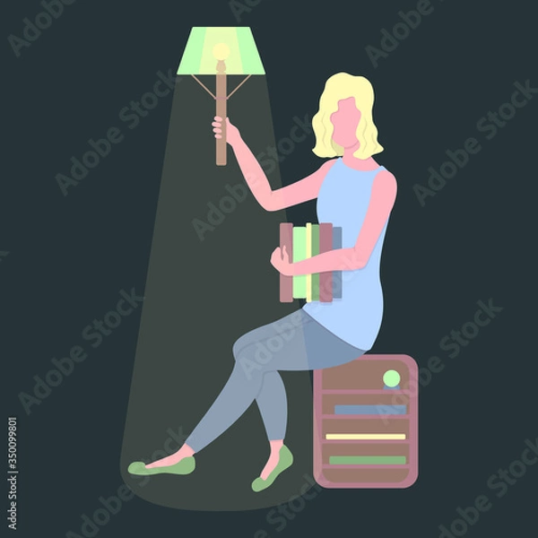 Fototapeta Blonde girl student holds portable lamp and stack of interesting novels. Read more books concept. Flat vector trendy illustration isolated on dark background. Reading at night and study everywhere.