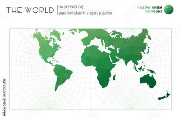 Fototapeta Low poly design of the world. Guyou hemisphere-in-a-square projection of the world. Yellow Green colored polygons. Trending vector illustration.