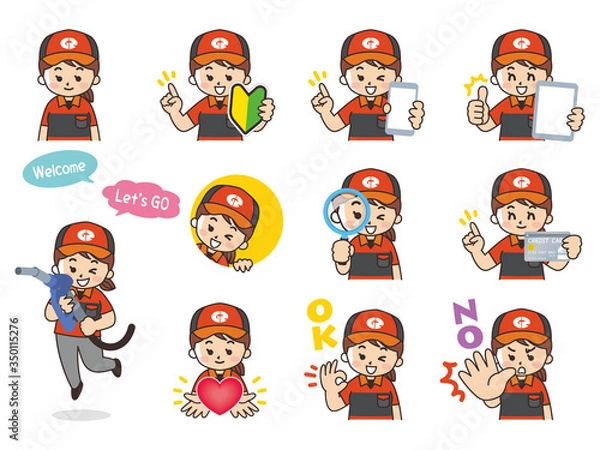 Obraz ガソリンスタンドの女性スタッフバリエーション　初心者マーク　スマートフォン　タブレット　虫眼鏡　クレジットカード　ハート　OK　NO