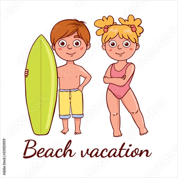 Obraz  Simple flat illustration of kids on the beach. 
