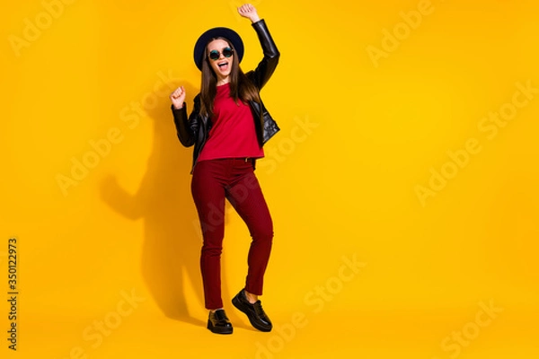 Fototapeta Full length body size view of her she nice-looking attractive charming fashionable cheerful straight-haired girl dancing having fun isolated on bright vivid shine vibrant yellow color background