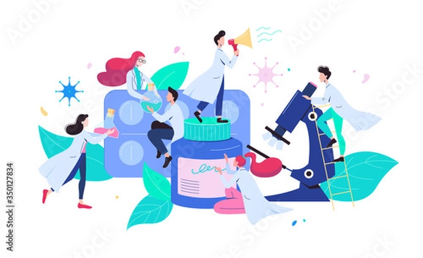 Fototapeta Modern scientists inventing new medicines. Flat vector illustration