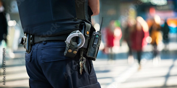 Obraz policjant z niewyraźnymi ludźmi w tle