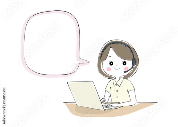 Fototapeta ノートパソコンでテレワークをする女性　吹き出し付き