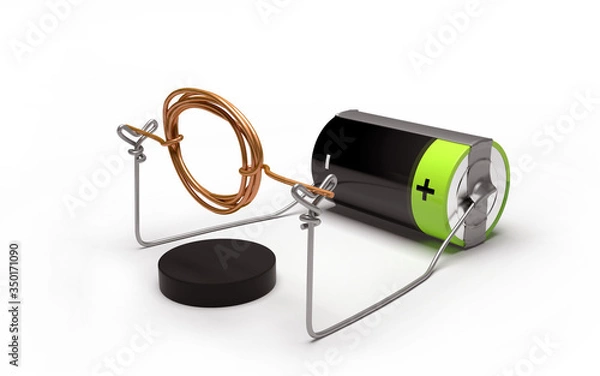 Fototapeta Simple electric motor experiment with cell and magnet. 3D Rendering.