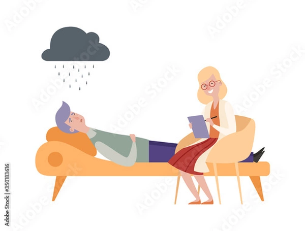 Fototapeta Psychotherapy session. Female doctor, depressed man on couch. Flat cartoon guy with mental disorder vector illustration. Psychiatrist support and consultant therapy