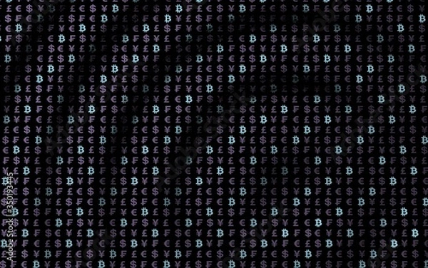 Fototapeta Bitcoin and currency on a dark background. Digital crypto symbol. Currency bubble, wave effect, market fluctuations. Business concept. 3D illustration