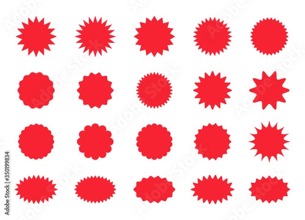 Fototapeta Set of star burst stickers. Vector starburst price tag icon. Set badge shape. Sale promo pricetags. Red badges isolated on white background. Round sun splash in simple design. Wave vignette.