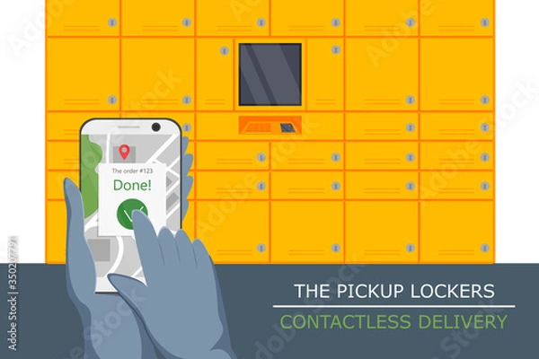 Fototapeta Vector illustration of pickup locker service. Flat concept design of contactless delivery. Non-contact express logistic service in quarantine. Courier putting location in phone for pick up purchase