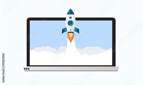 Fototapeta Rocket launching from laptop flat design,Startup business concept vector illustration.