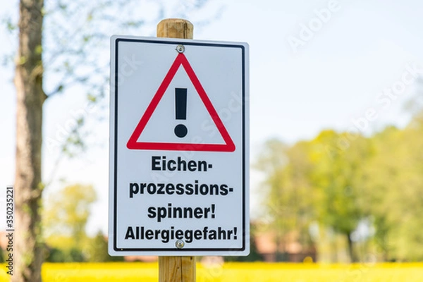 Fototapeta warning sign with german text, eichenprozessionsspinner! Allergiegefahr!, in english oak procession spinner allergy hazard
