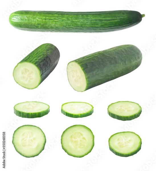 Obraz Set of whole and cut sliced smooth cucumber isolated on white background