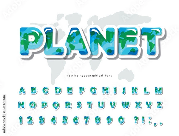 Fototapeta Planet Earth modern font. Paper cut out ABC letters and numbers isolated on white. Creative alphabet for environment, ecology, travel design. Vector
