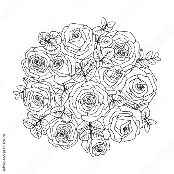 Obraz Flower  bouquet - roses. Vector coloring page– flower bouquet. Coloring book page. Hand-drawn illustration for coloring.