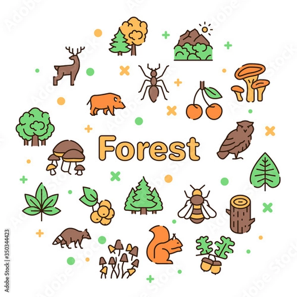 Fototapeta Vector color linear icon round set of forest