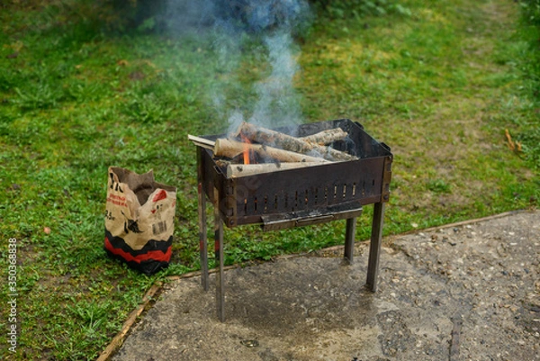 Obraz Burning firewood in a barbecue grill