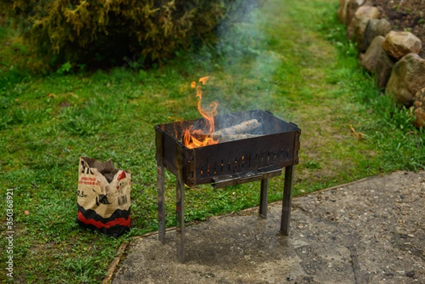 Obraz Burning firewood in a barbecue grill
