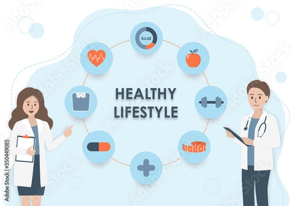 Fototapeta Nutritionist doctor or dietitian with stethoscope, clipboard and health icons on light blue background. Wellness healthy lifestyle, healthcare and nutrition diet plan concept. Flat vector illustration