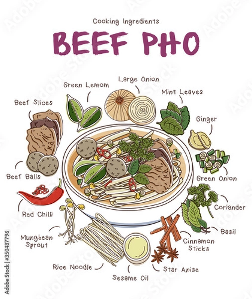 Obraz Beef Pho with Rice noodle Ingredients Set. Vietnam Cuisine Recipe Illustration.