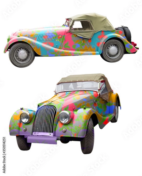 Fototapeta voiture ancienne, peint , en couleur, fantaisie,  coloré, vieux, de face, de profile, cirque, jouet, collection, cadeau, 