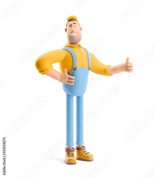 Obraz Ilustracja 3D. Postać z kreskówki. Dostawca w kombinezonie trzyma kciuk w górę.