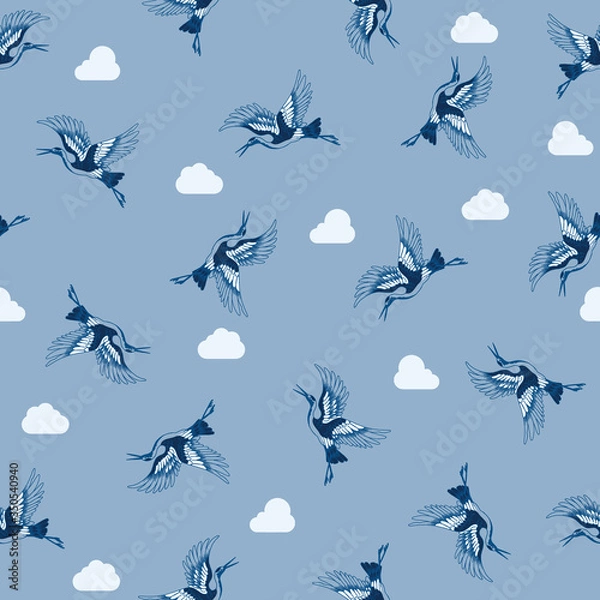 Obraz Crane Birds with Clouds in Blue Vector Seamless Pattern