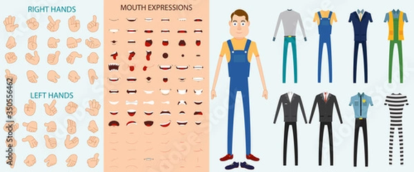 Obraz Worker Character set with Hand Expression, Mouth Expression and Different Dress vector Illustration editable source file
