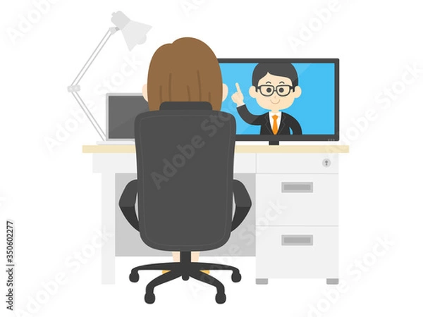 Fototapeta リモートワークする女性のイラスト