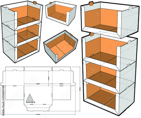 Fototapeta Stackable Retail Double Edge Box (Internal measurement 60x39+31cm) and Die-cut Pattern.
