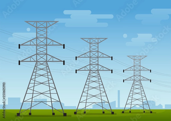 Fototapeta High voltage pole, electric tower on the field with sky and cloud, flat vector landscape background