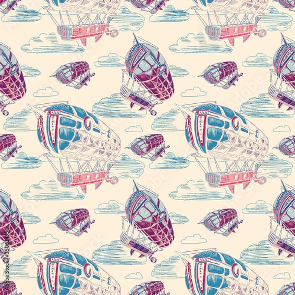 Fototapeta airship sky seamless pattern engraving
