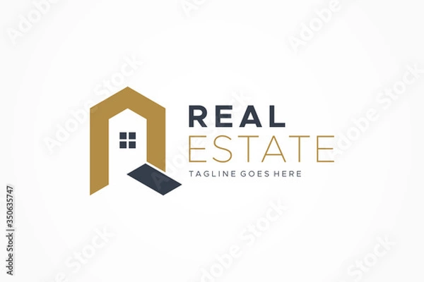 Fototapeta Black Gold Real Estate Logo. Simple Letter R Geometric Style isolated on White Background. Flat Vector Construction Architecture Building Logo Design Template Element.