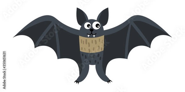 Fototapeta Cartoon happy bat in flat style isolated on white background. Vector illustration.   
