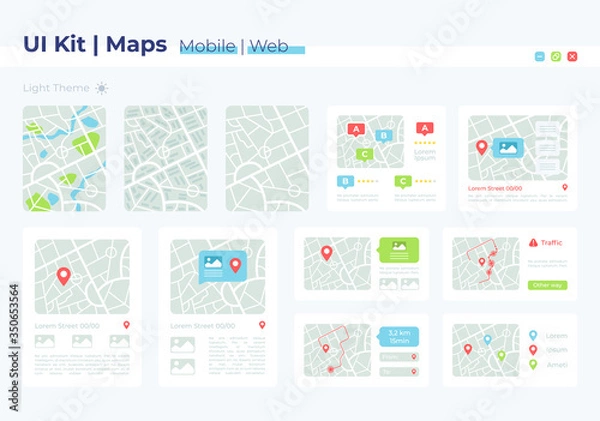 Fototapeta Map UI elements kit. Geography position and address. GPS location isolated vector icon, bar and dashboard template. Web design widget collection for mobile application with light theme interface