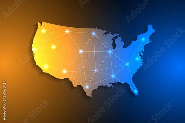 Obraz United States map on network connection, blue USA map, vector