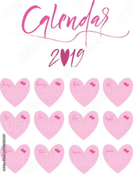 Fototapeta Calendar design for 2019. Simple background, pink design. The week starts on Monday. Set of 12 months.
