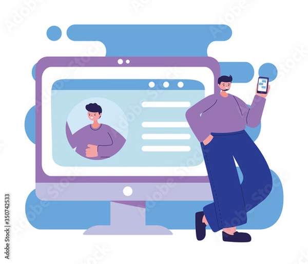 Fototapeta Man with smartphone and computer chatting vector design