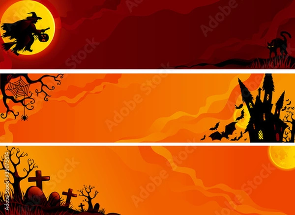 Fototapeta Three  vector helloween banners with witch, bats.