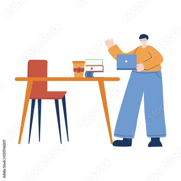 Fototapeta Man with laptop and books on desk vector design