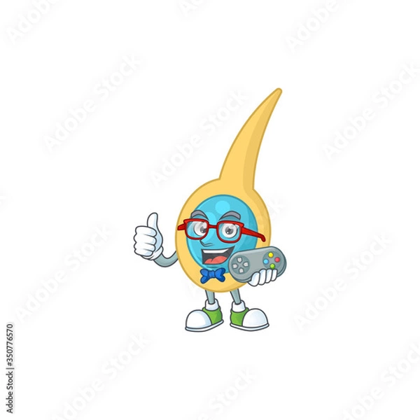 Fototapeta Cartoon mascot design of clostridium tetani play a game with controller