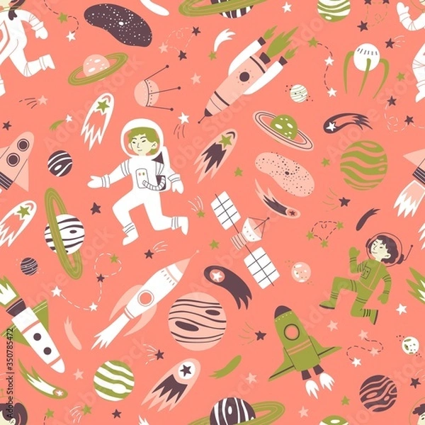 Fototapeta Space pattern. Doodle planets and spaceships seamless background.
