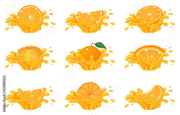 Obraz Set of fresh bright orange, mandarin or tagerine juice splash burst isolated on white background. Summer fruit juice. Cartoon style. Vector illustration for any design.