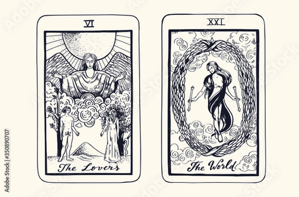 Obraz Tarot card deck.  Major arcana set part  . Vector hand drawn engraved style. Occult and alchemy symbolism. 