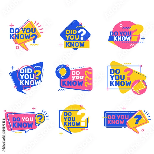 Fototapeta Do you know questions set. Colorful speech bubbles with megaphones, idea bulbs and text. Vector illustrations for marketing, sale, buying concept
