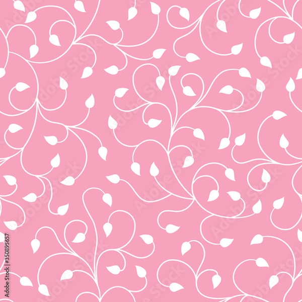 Fototapeta Swirl branches with leaves vetor seamless pattern pink and white. Great for wallpaper, backgrounds, invitations, packaging, design projects, textile scrapbooking .