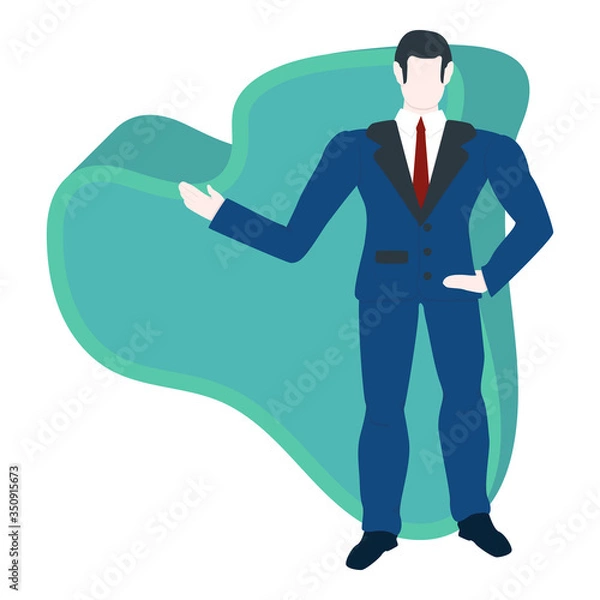 Fototapeta Businessman with green tick success sign. Successful business man stands confidently and points his hand up. Man in handsome suit. Vector illustration with shadows. Design for financial concept.