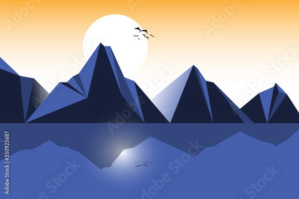 Obraz Landscape vector The mountains and the sea, the deep blue tones With reflections from above Used as a banner cover background image