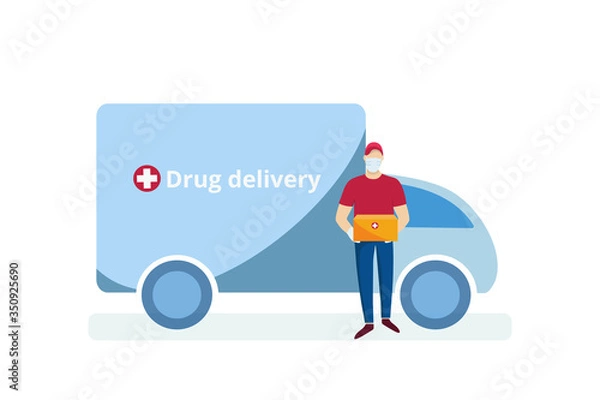 Obraz Deliveryman in medical protective mask carrying medical products and a delivery truck in the background. Healthcare delivery service concept. Vector illustration.